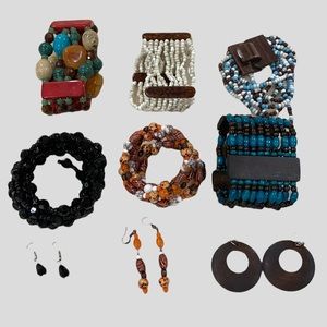 6 bracelets 3 pairs of earrings (chunky, beads, stretchy, wrap around)